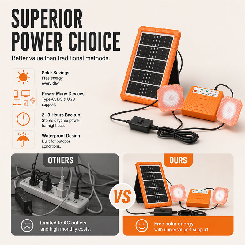 ☀️Portable Solar Power System – USB/Type-C Solar Generator with 2 LED Lights
