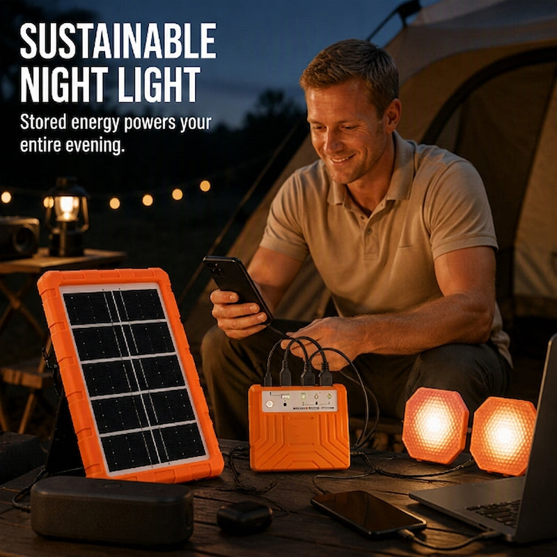 ☀️Portable Solar Power System – USB/Type-C Solar Generator with 2 LED Lights