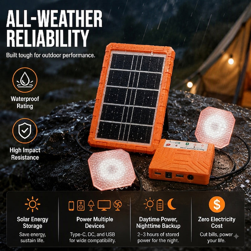 ☀️Portable Solar Power System – USB/Type-C Solar Generator with 2 LED Lights