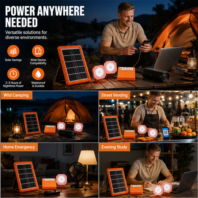 ☀️Portable Solar Power System – USB/Type-C Solar Generator with 2 LED Lights