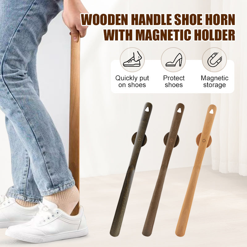 Wooden Handle Shoe Horn With Magnetic Holder