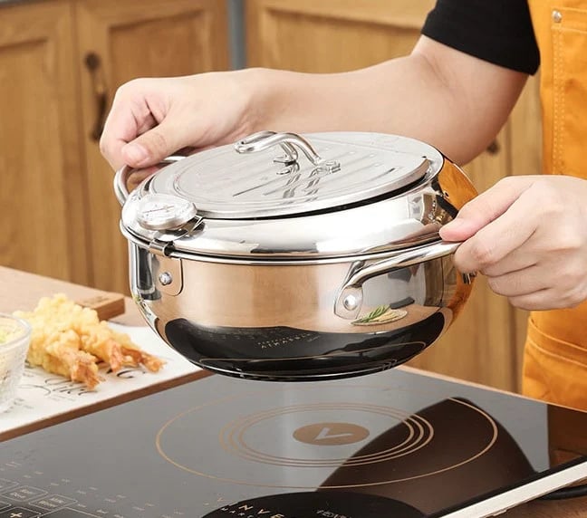 ⏳Time-Limited Special⏰Stainless Steel Tempura Fryer Pot – Thermometer, Drain Rack, Deep‑Body ✨