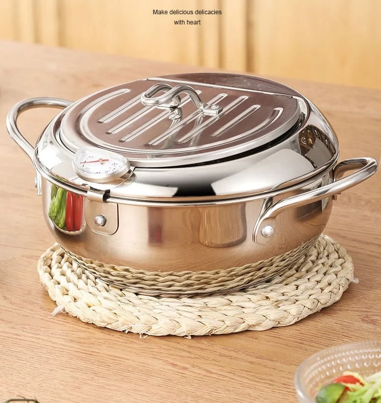 ⏳Time-Limited Special⏰Stainless Steel Tempura Fryer Pot – Thermometer, Drain Rack, Deep‑Body ✨