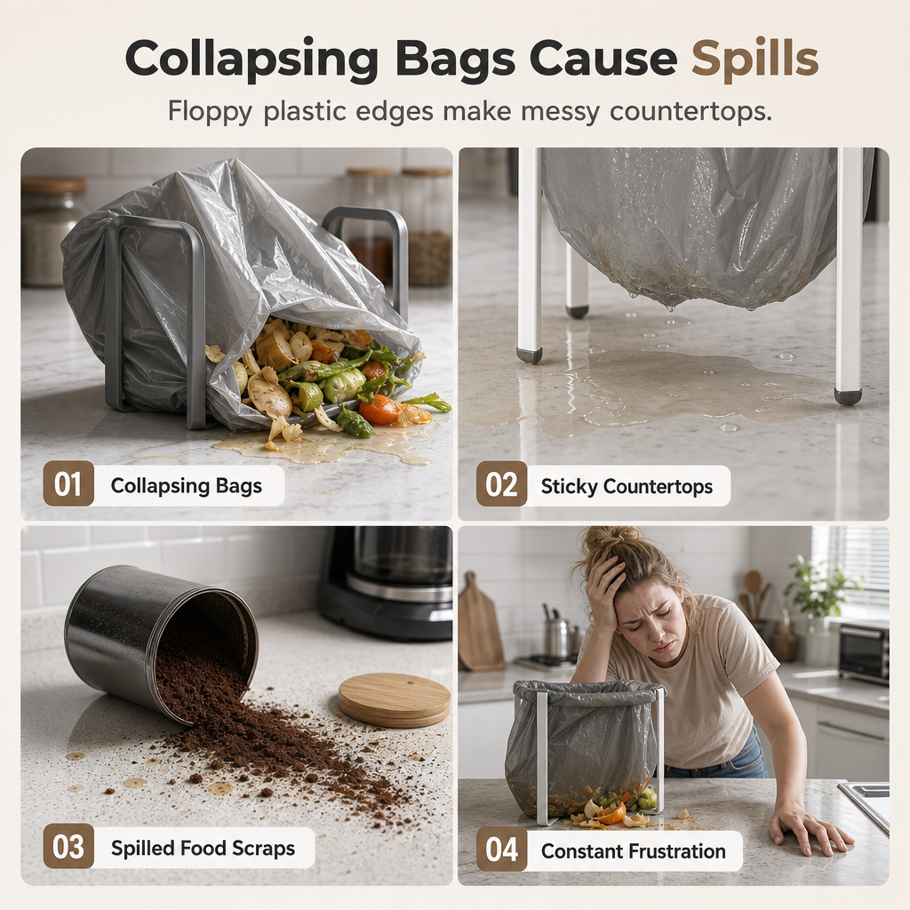 Foldable Stainless Steel Trash Bag Holder for Kitchen & Desktop