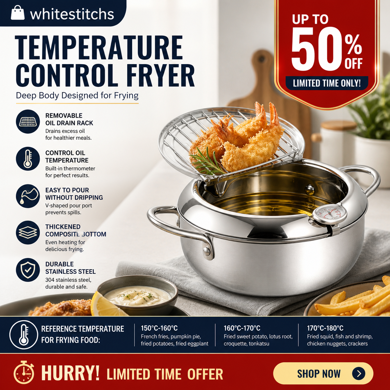 ⏳Time-Limited Special⏰Stainless Steel Tempura Fryer Pot – Thermometer, Drain Rack, Deep‑Body ✨